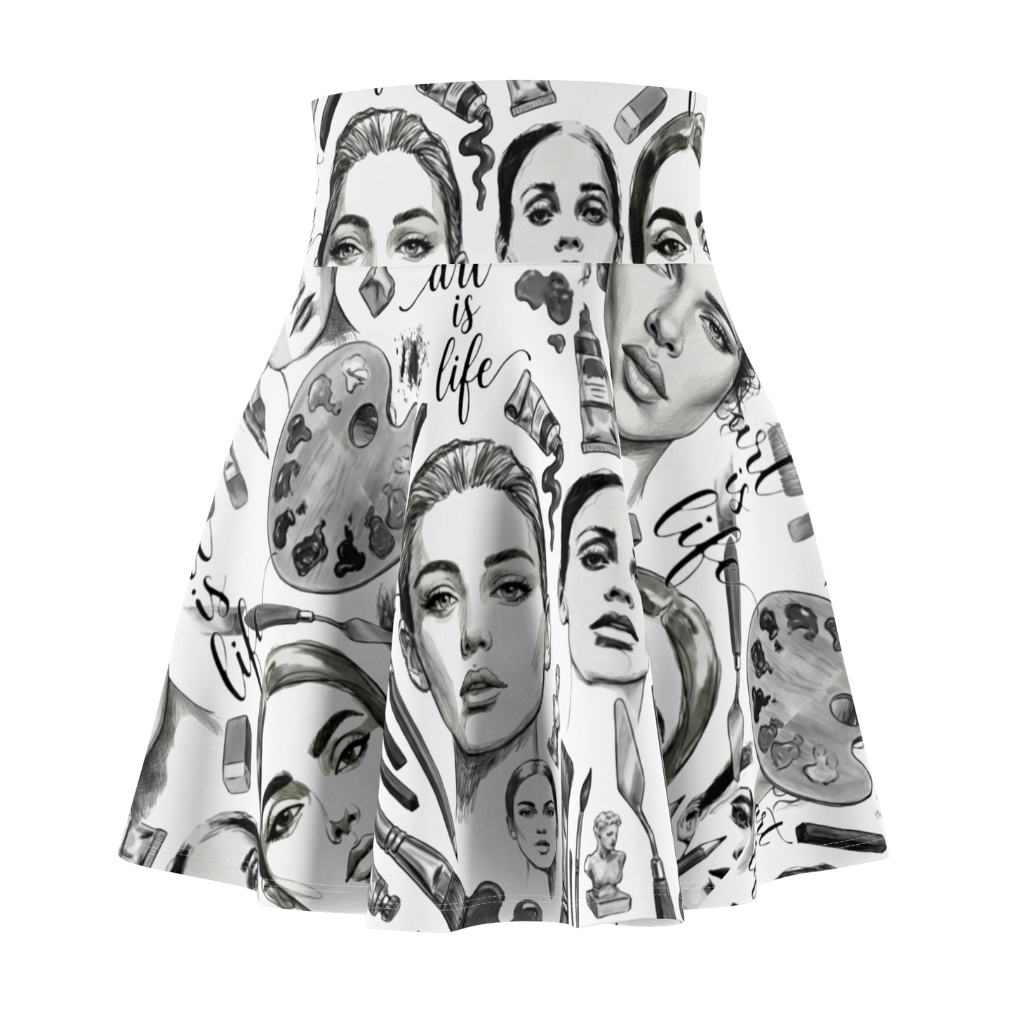 Black & White Skater Skirt – Artistic Makeup Faces | Art Lover All-Over Print