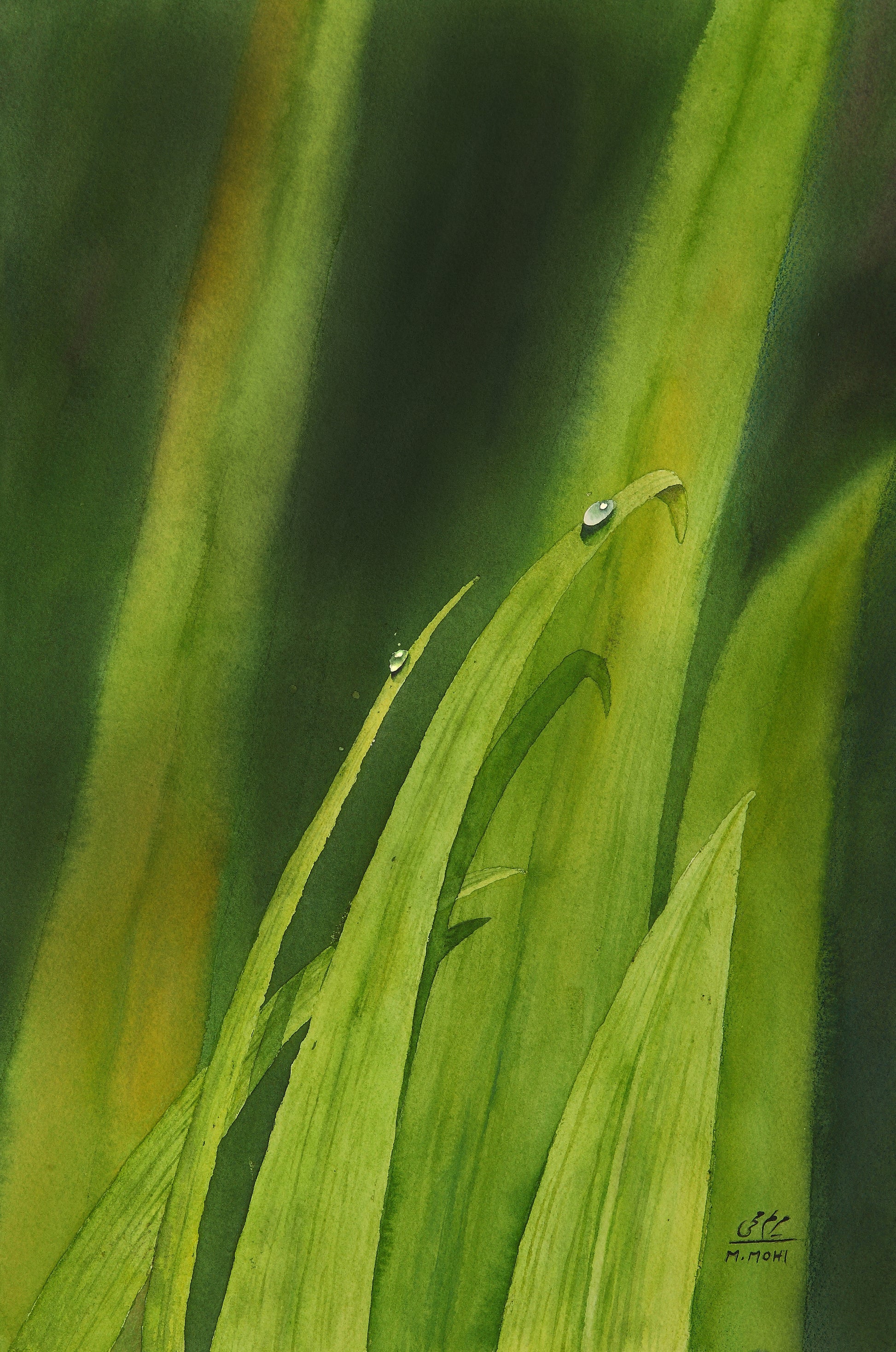 A watercolor painting featuring lush green leaves, with one leaf adorned by a delicate dew drop — a unique, vibrant piece that beautifully captures nature’s freshness and charm. Perfect for nature lovers and art enthusiasts alike. 